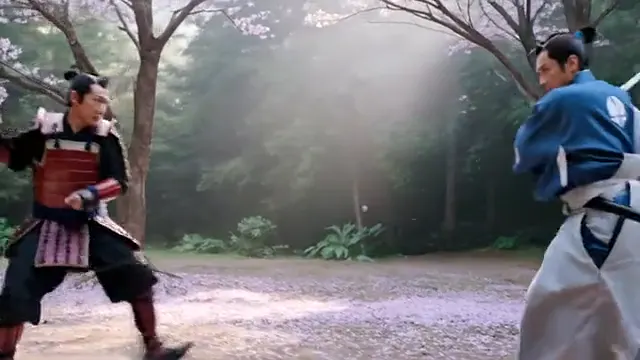 Two samurai squaring up in a sunlit forest clearing, with 9:16 and 1:1 crop guides marked over the frame