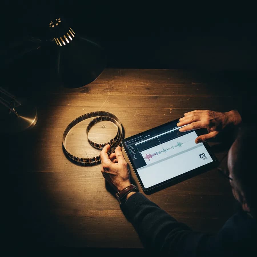 Hands at a lamp-lit desk working an audio waveform on a tablet beside a loose reel of film