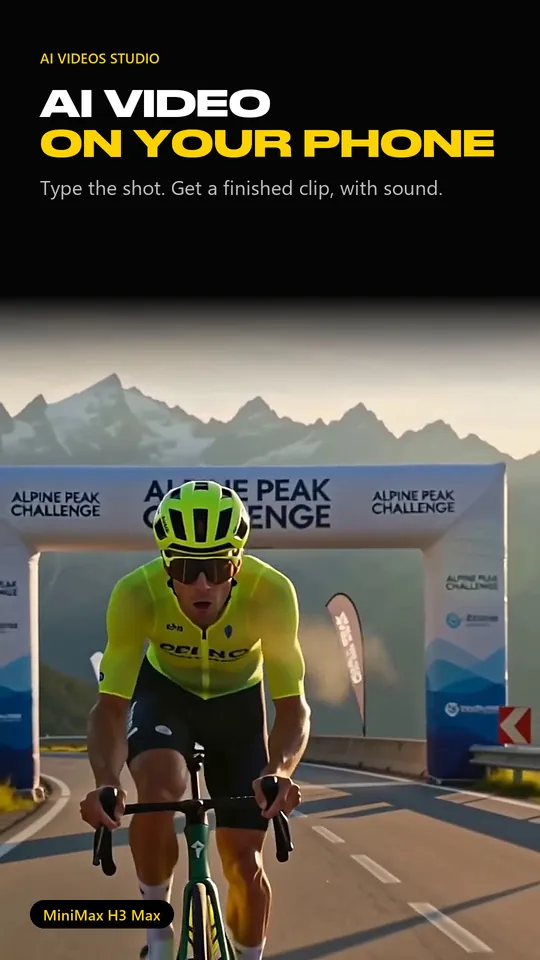 AI video on your phone: a cyclist at a mountain finish line, generated with MiniMax H3 Max