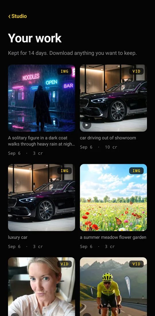 The Your work screen in AI Videos Studio, a grid of recent generations