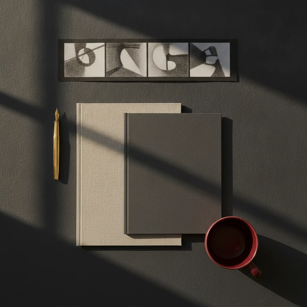 An agency pitch table shot from above with a storyboard strip, brass pen and linen-bound treatment document arranged with deliberate negative space