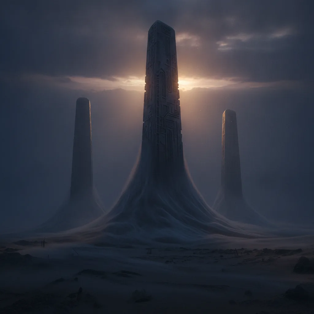 Three monoliths of differing heights in a misty dawn landscape, only the tallest catching the light, representing a comparison of scale and capability