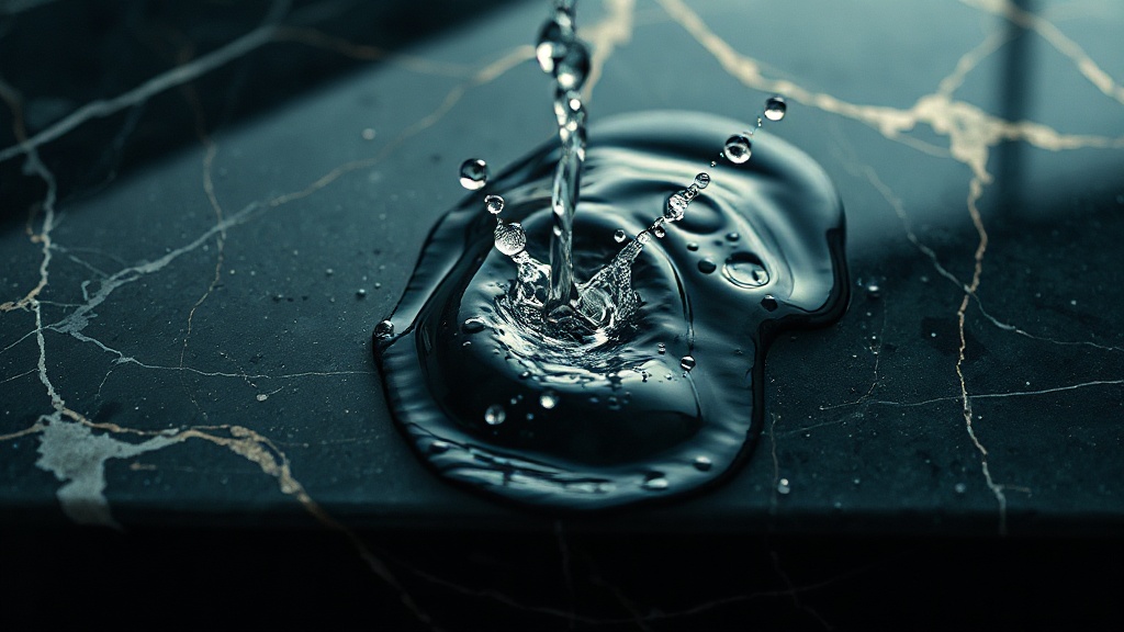 High-speed fluid physics simulation in AI video, cinematic macro shot, deep blacks and cool blue water