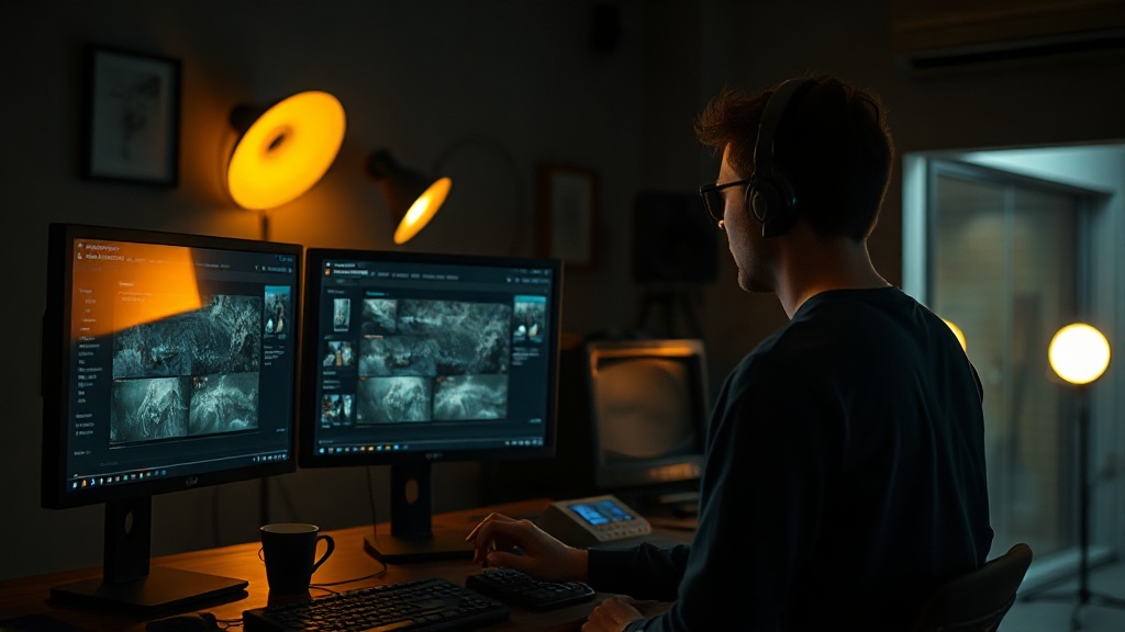 AI video production director reviewing generated clips on monitor, moody production office, cinematic light
