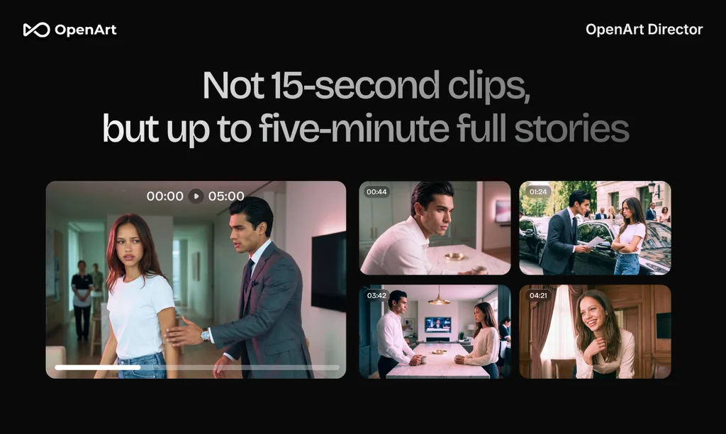 OpenArt Director generates coherent video up to five minutes long rather than short clips