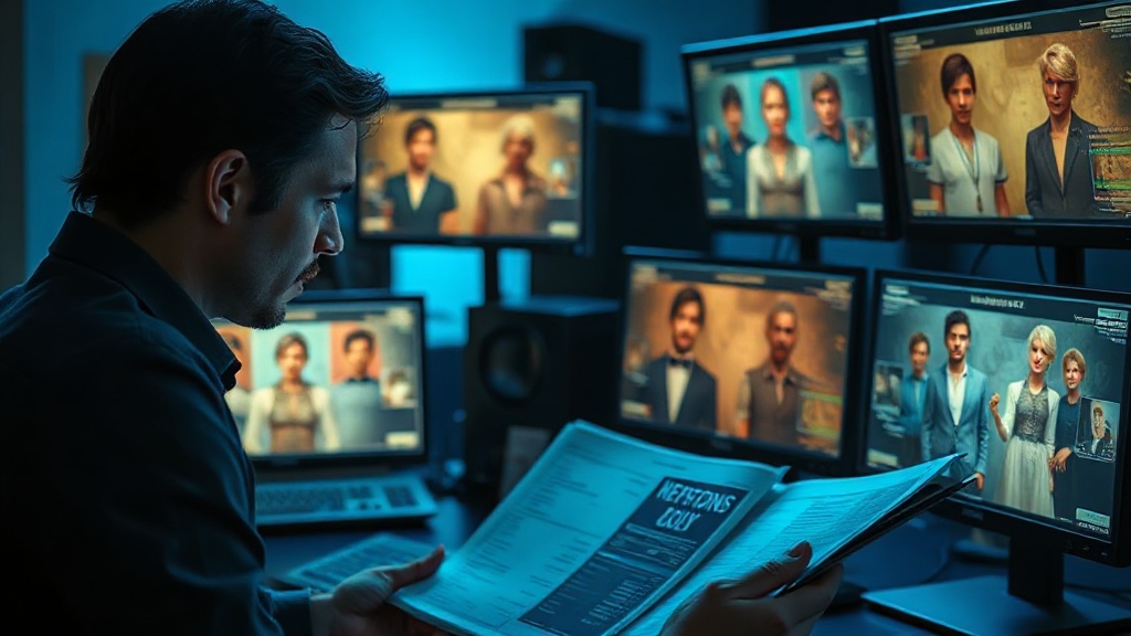 AI director reviewing character reference sheets on multiple monitors, cinematic blue lighting